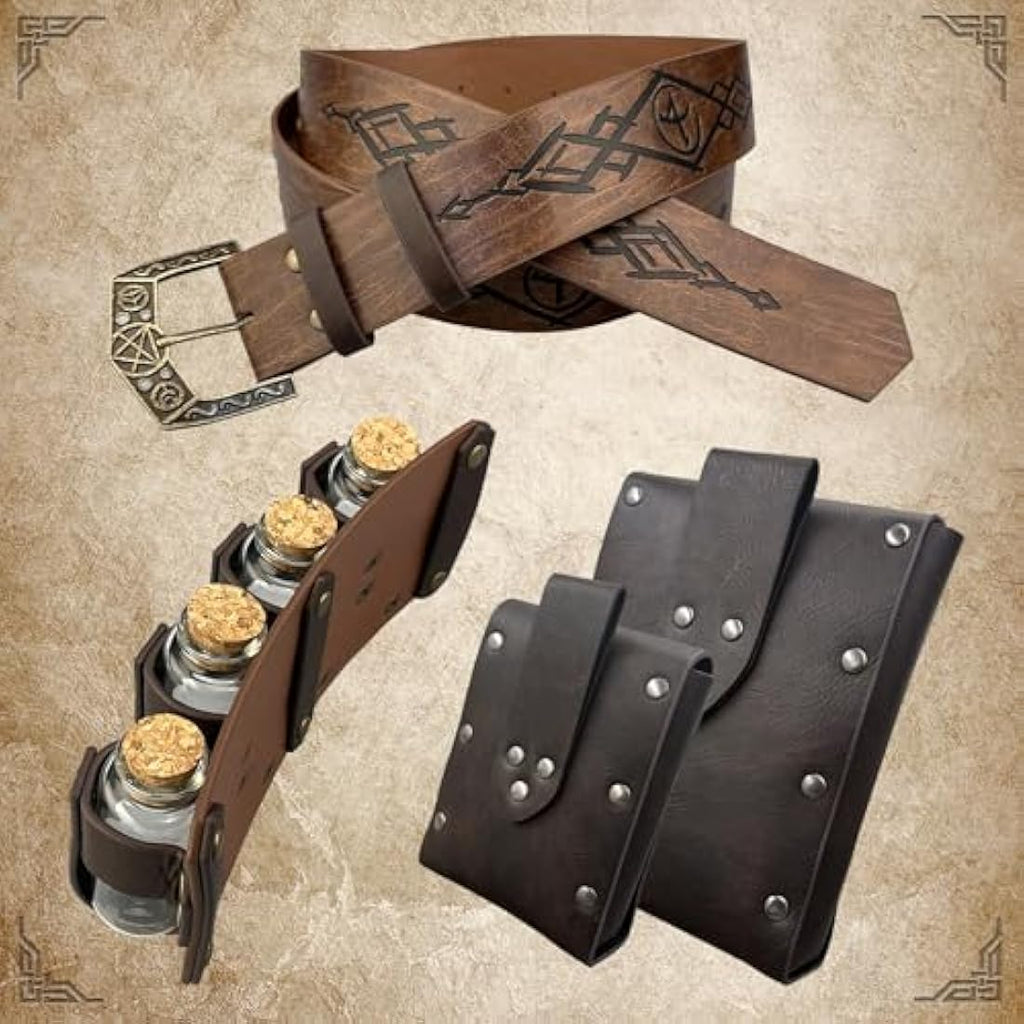 EpicCos Medieval Alchemy Belt with Potion Bottles – PU Leather Viking Pouch