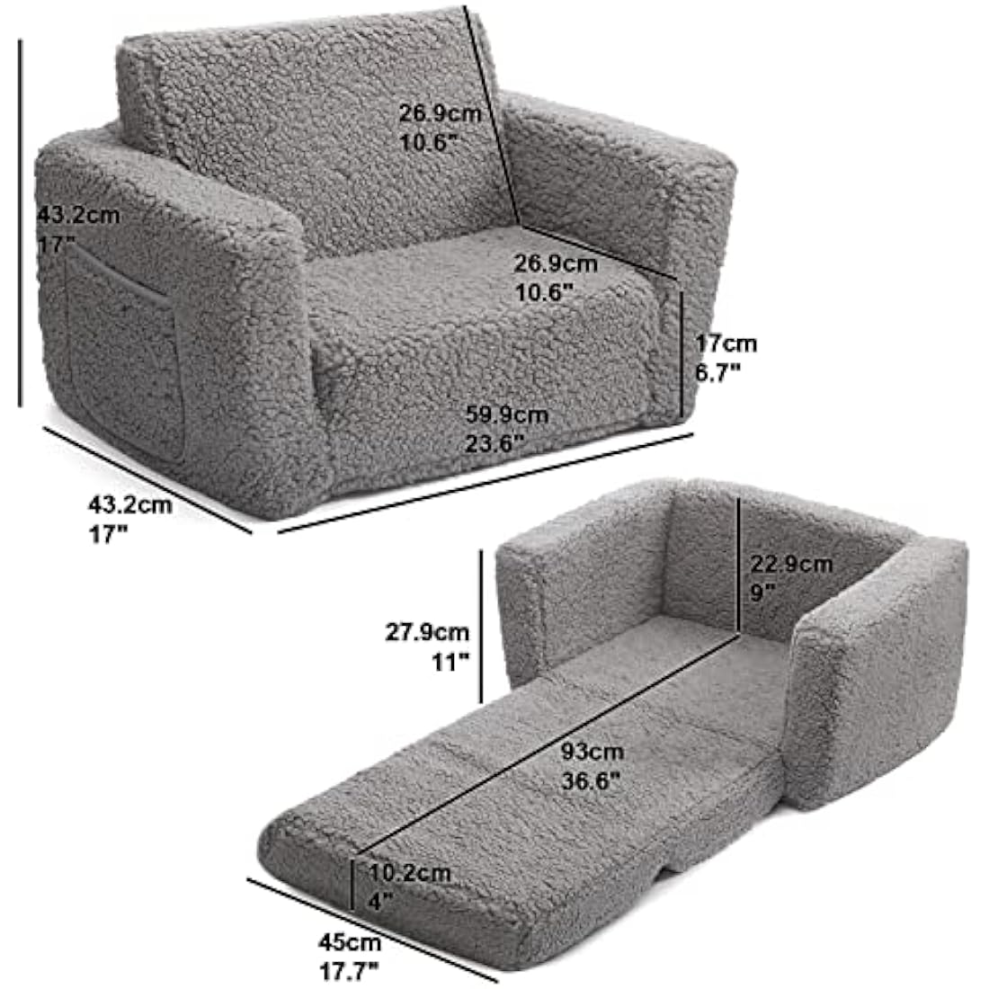 BEJOY 2-in-1 Kids Sofa Bed – Sherpa Toddler Convertible Chair, Grey