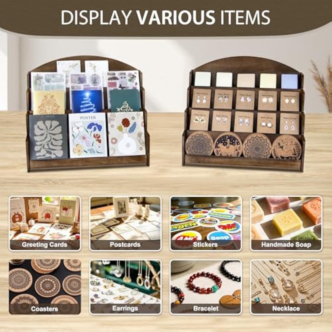 4-Tier Wooden Greeting Card Display Stand for Retail – Brown