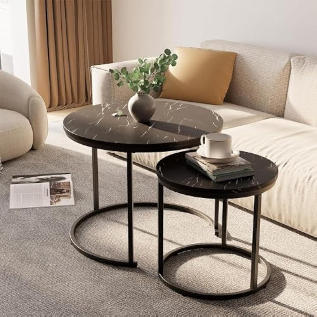 Huhote Round Nesting Coffee Tables - Set of 2 Black Marble Side Tables