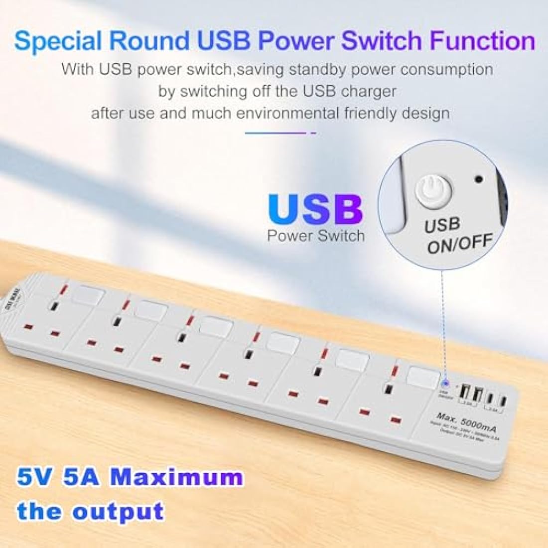 SE UKASE 6 Way Extension Lead with USB & Type C | 2M Wall Mount Power Strip