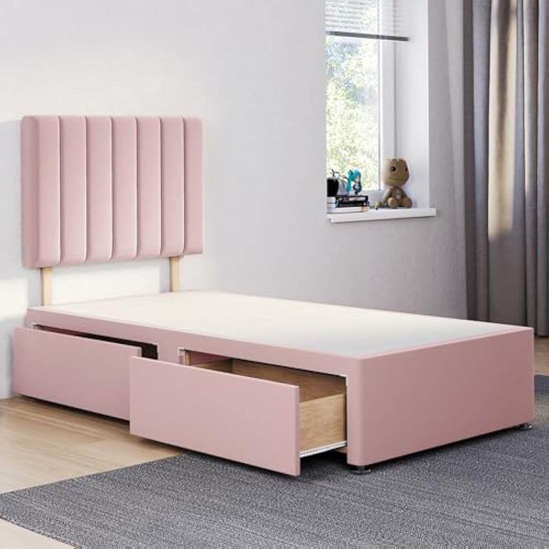 ComfoRest 3FT Single Divan Bed Base with 2 Storage Drawers - Pink Plush