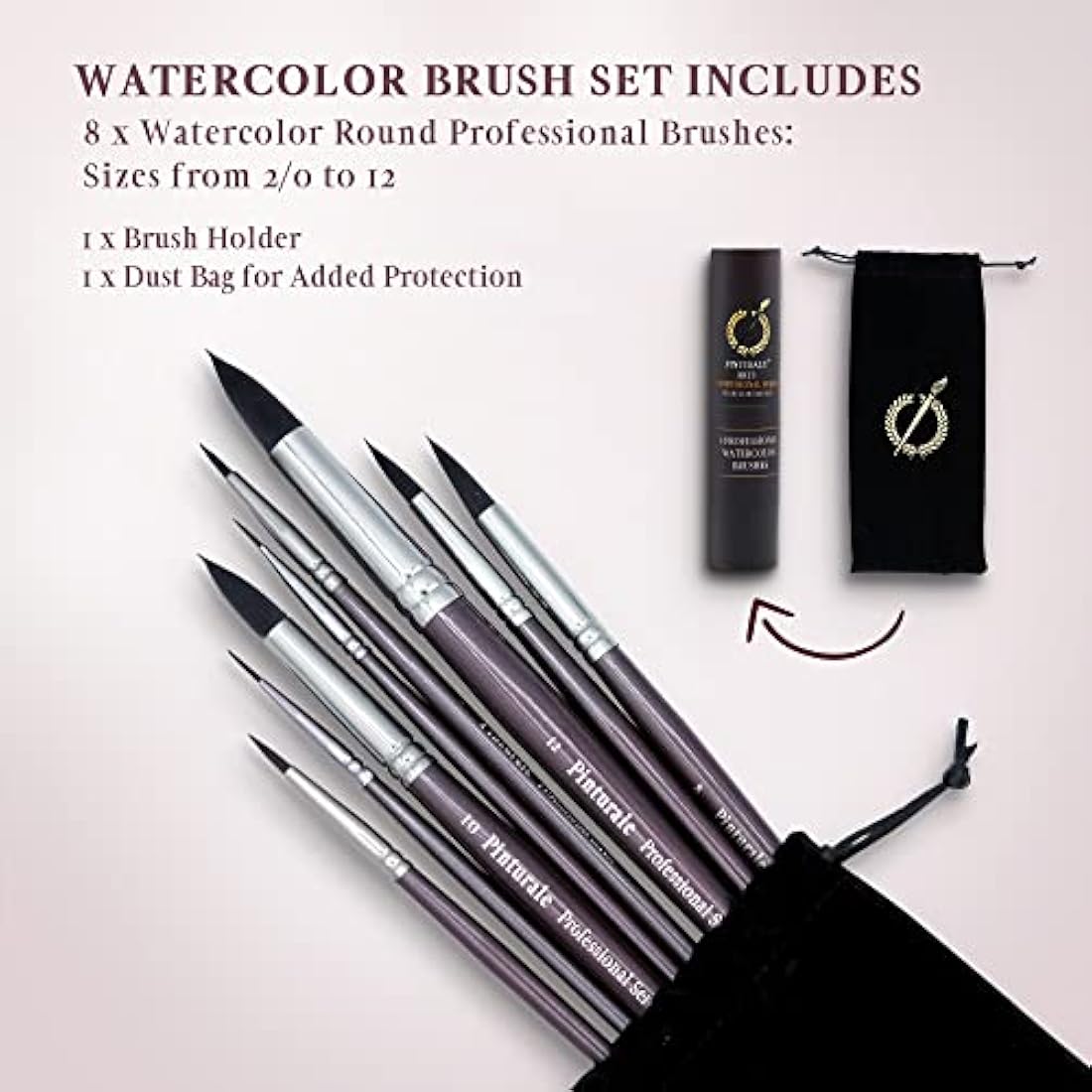 Pinturale Arts 8pc Professional Watercolour Brushes - Synthetic Round Set