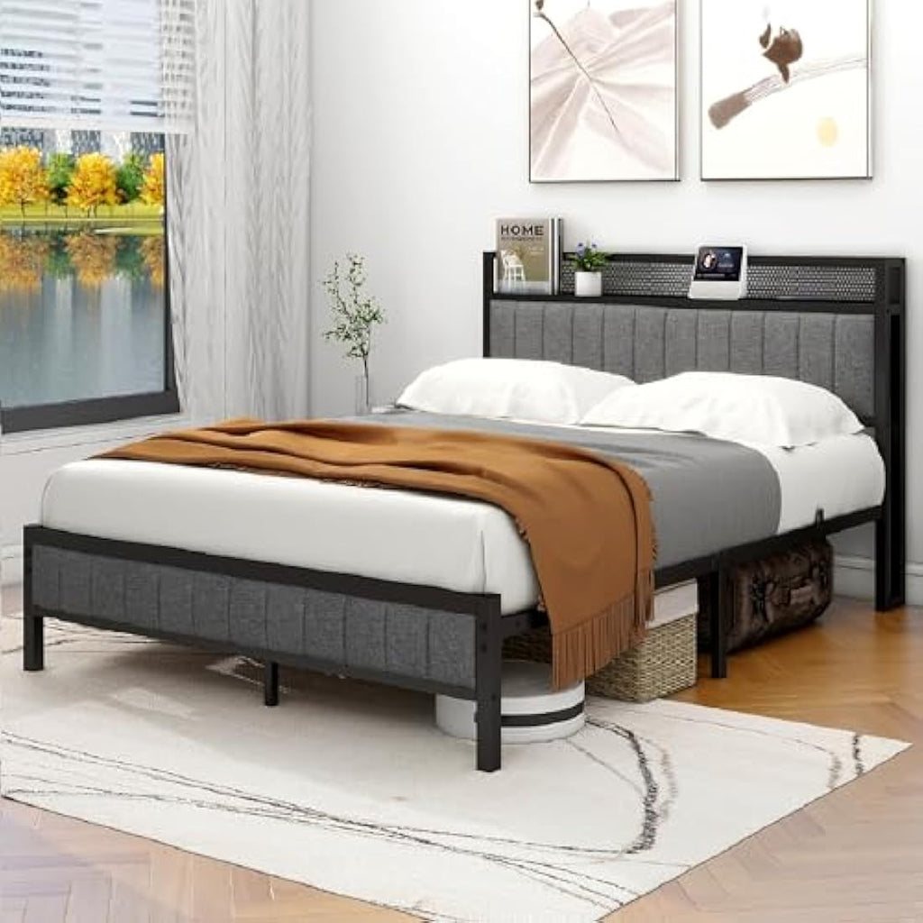 MOFLUT King Size Upholstered Bed Frame with Storage Headboard – Gray