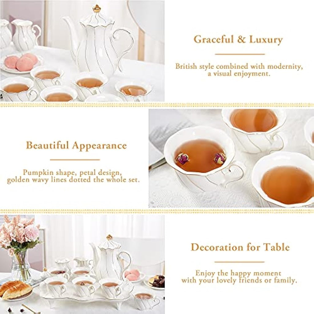DUJUST 14-Piece Porcelain Tea Set | British Style White & Gold Luxury Set