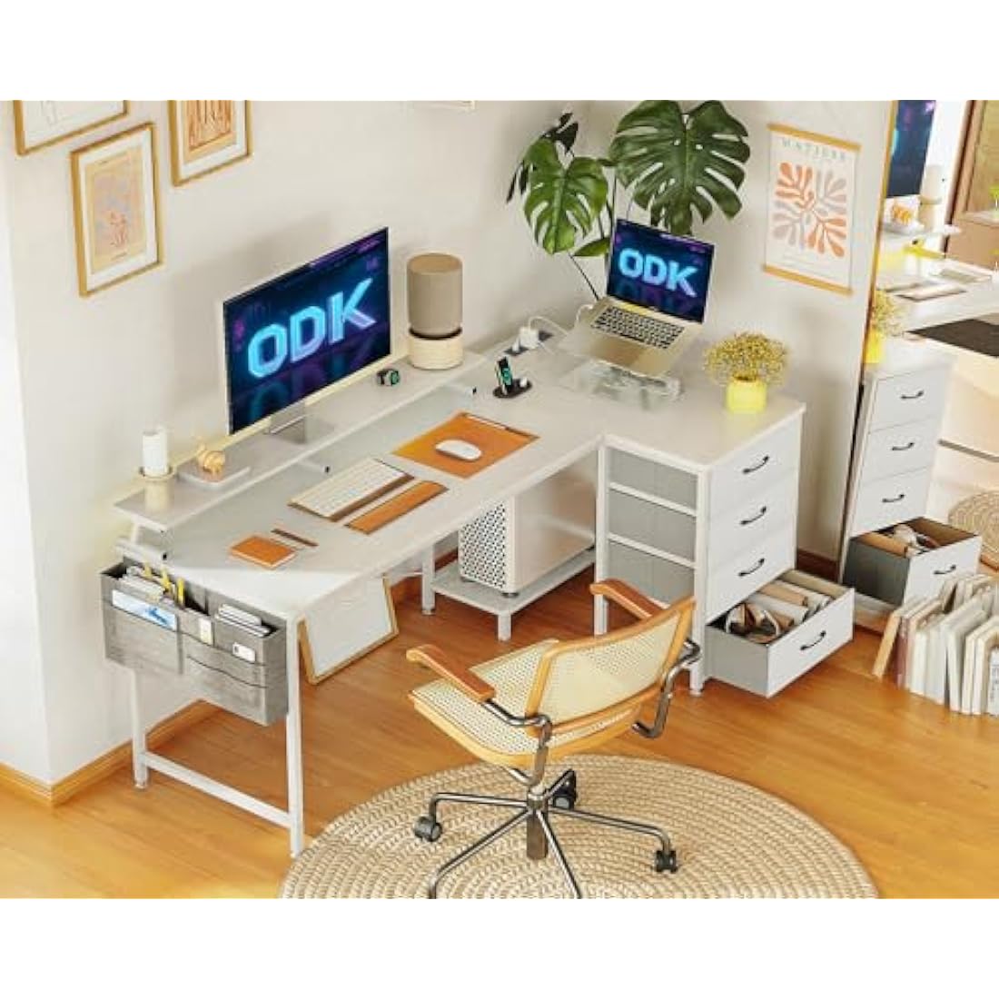 ODK L-Shaped Corner Desk with Drawers, Power Outlets & Monitor Stand - White