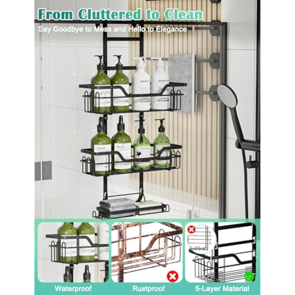 3-Tier Over Door Shower Caddy – Black Stainless Steel Rack