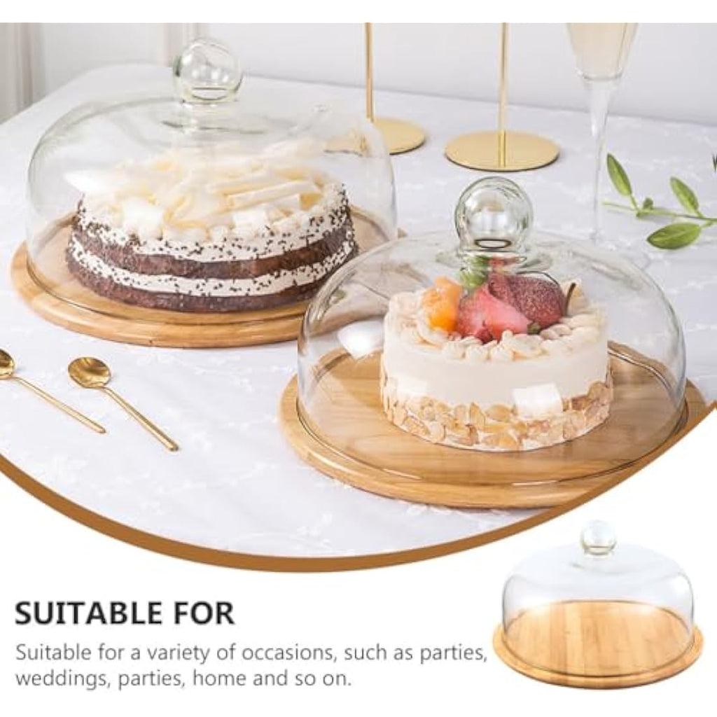 IMIKEYA Glass Cake Stand with Dome Lid | Wooden Pastry Display Tray