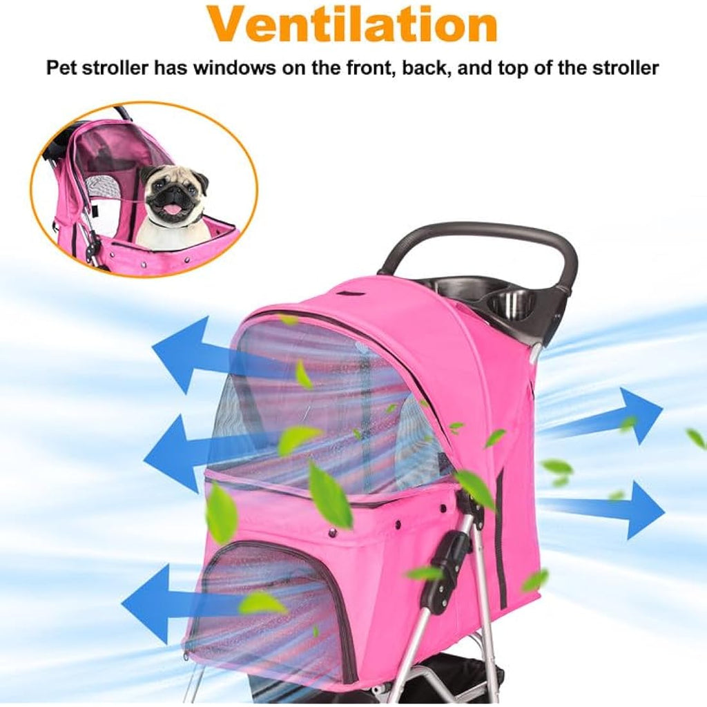 Display4top 4-Wheel Pet Stroller - Foldable Dog & Cat Travel Pram, Pink