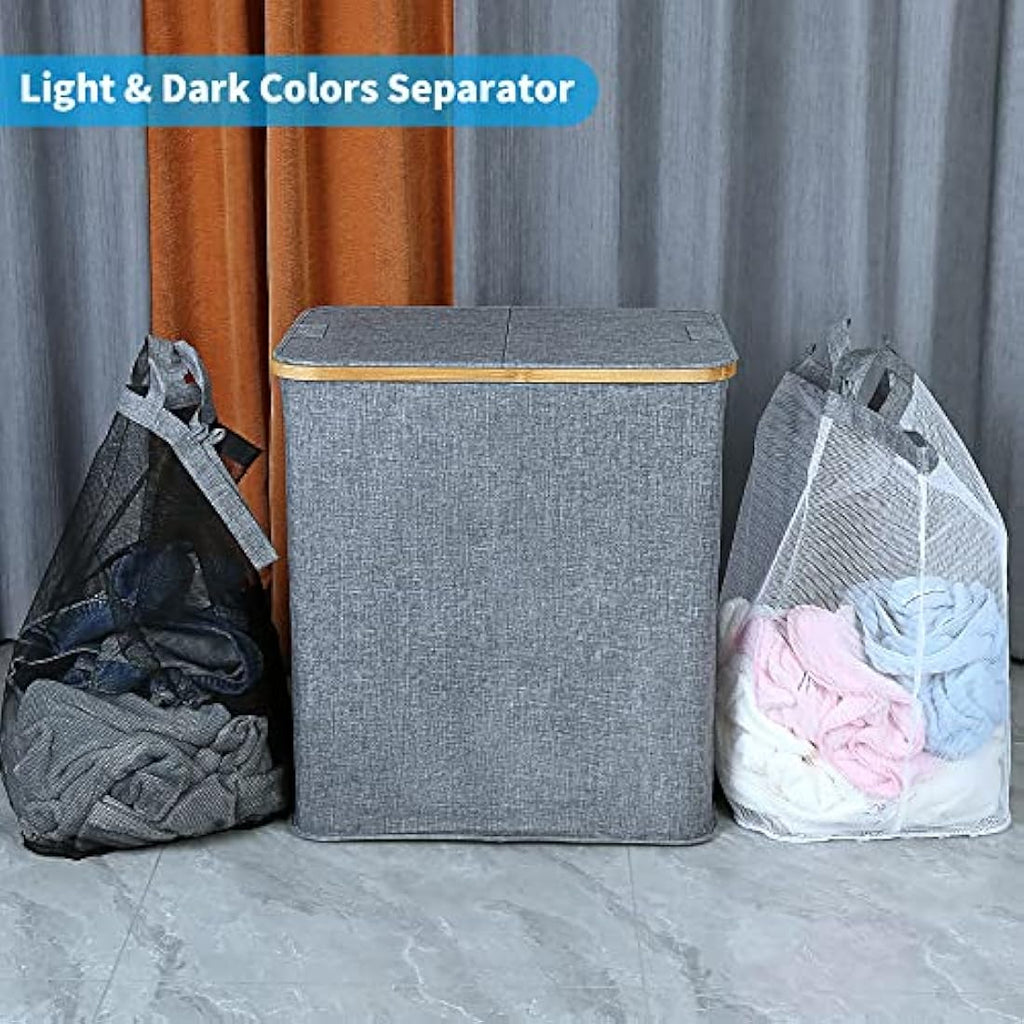 Efluky 140L Large Divided Laundry Hamper with Lid | Bamboo & Linen