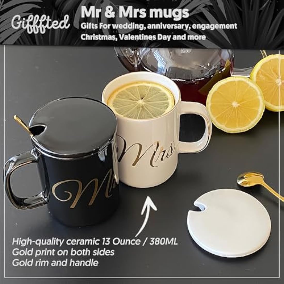 Triple Gifffted Mr and Mrs Ceramic Coffee Mug Set with Lids - 380ml
