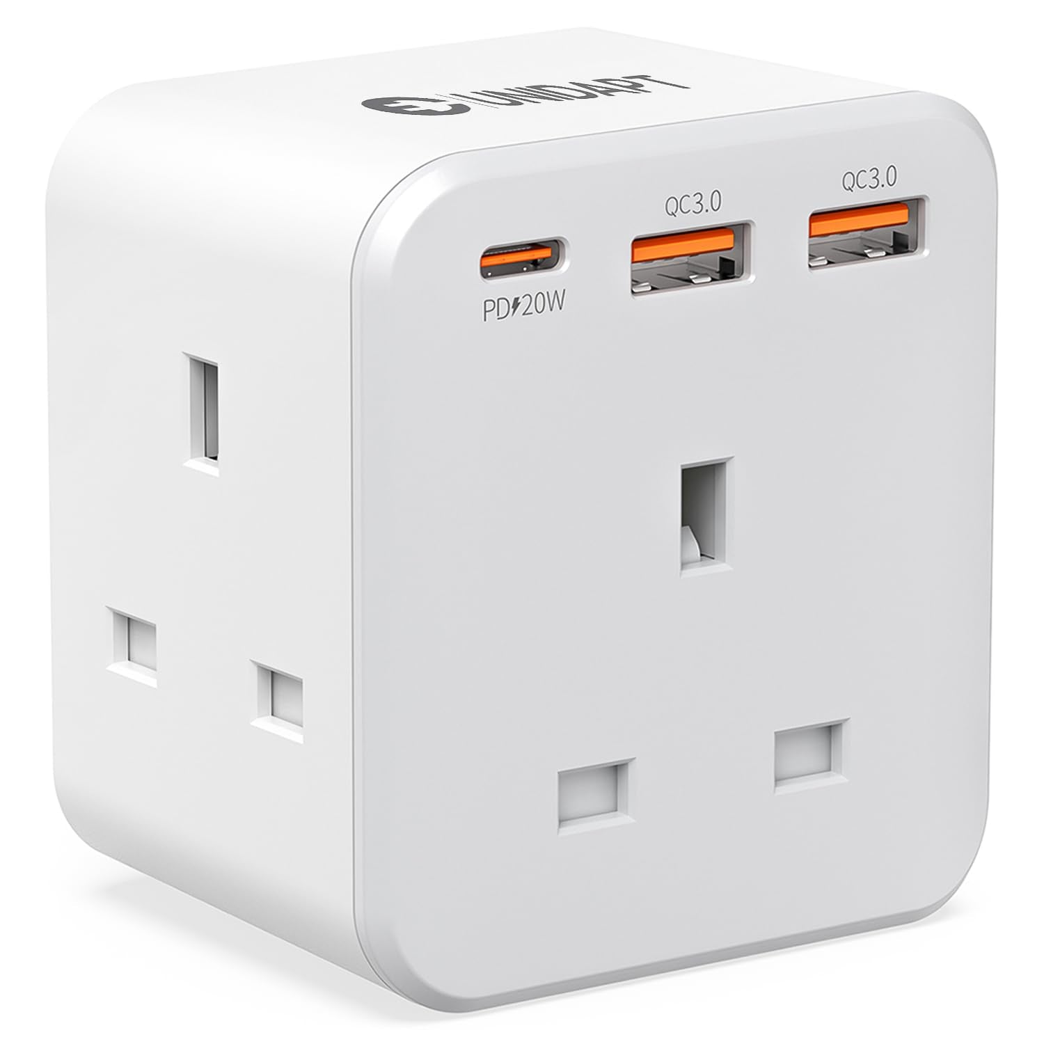 Unidapt 3 Way Plug Adaptor – 20W USB-C PD & QC 3.0 UK Socket Extender