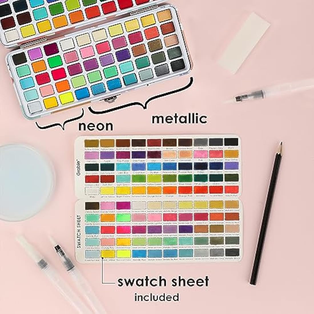 Grabie 100 Color Watercolor Paint Set | Non-Toxic Travel Kit with Brushes