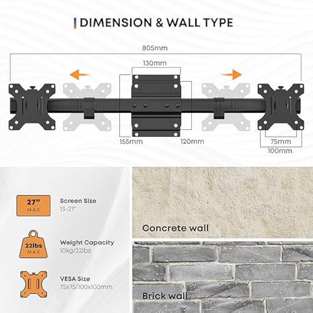 Dual Monitor Wall Mount – VESA Adapter for 13-27" Displays