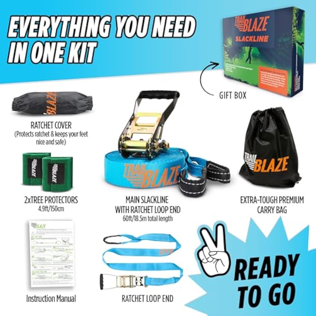 Trailblaze Slackline Kit for Kids – 18.5m Blue Beginner Tightrope Set