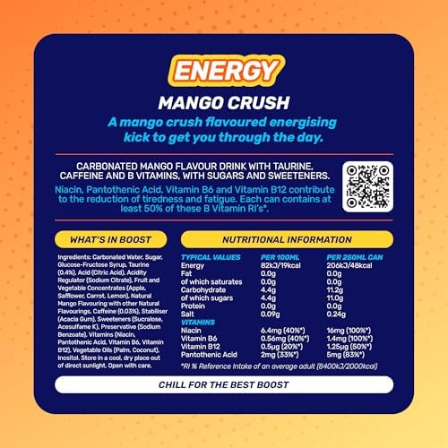 Boost Mango Energy Drink - 24 Pack Low Calorie Vegan Drinks | 250ml