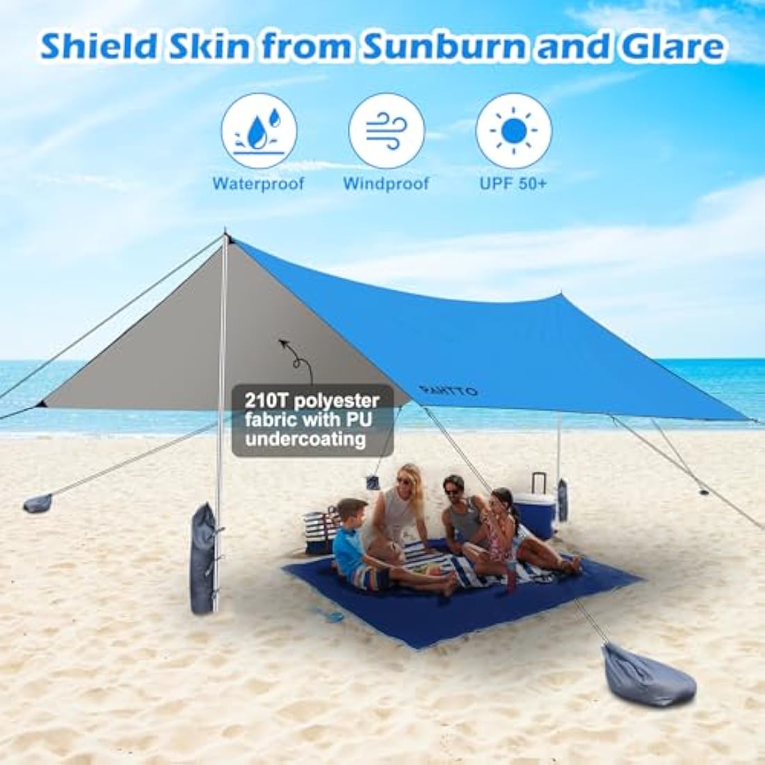 WADEO 12x12FT Waterproof Camping Tarp | UV Protection Beach Tent - Blue