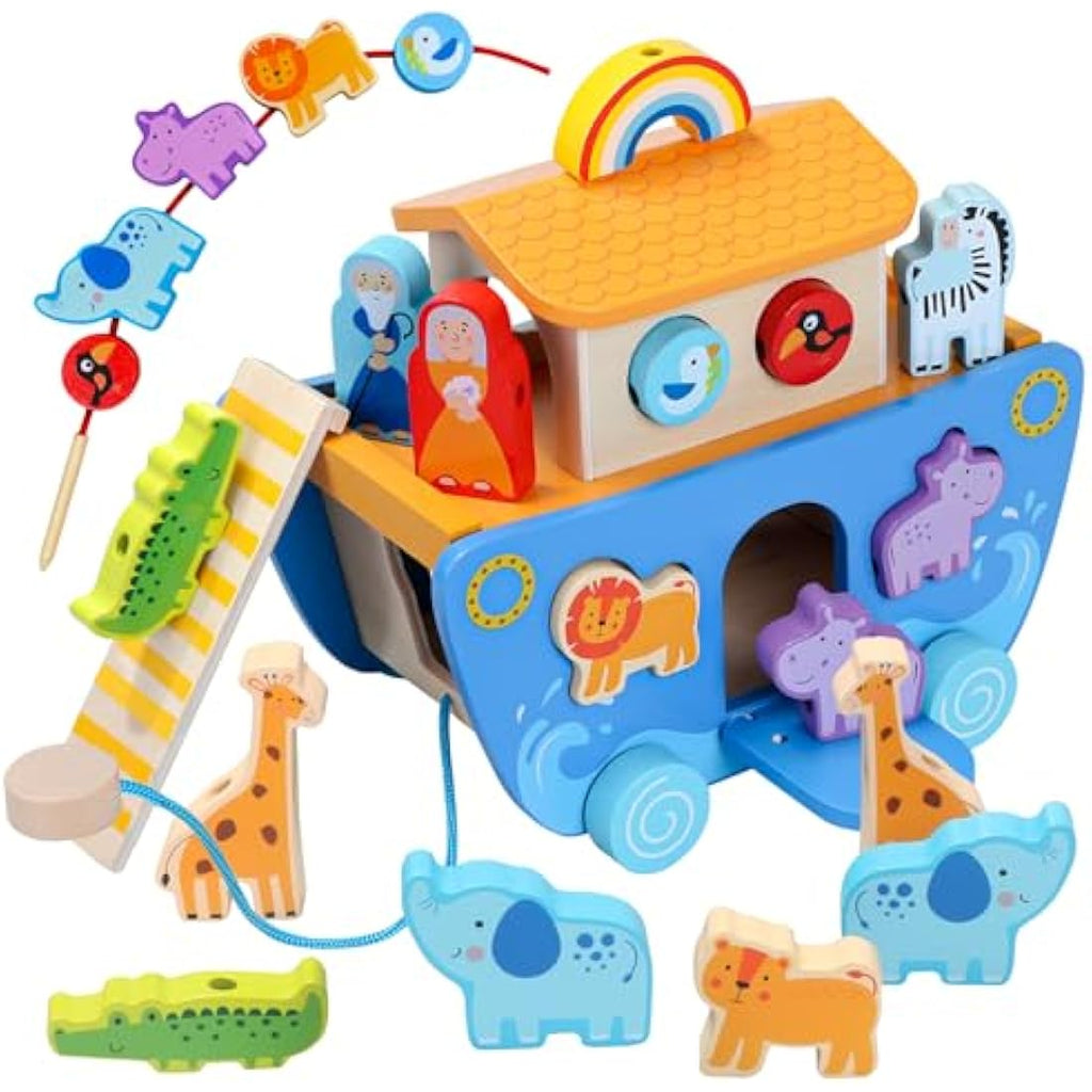Tooysea Wooden Noah's Ark Toy - Montessori Animal Shape Sorter Baptism Gift