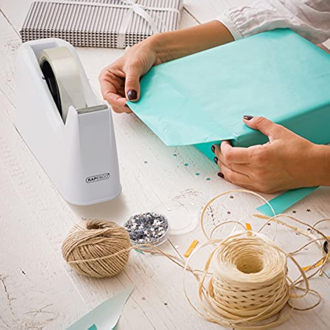 Rapesco 500 Heavy Duty Desktop Tape Dispenser with 2 Rolls | White