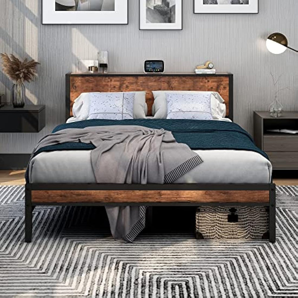 DUMEE King Size Metal Bed Frame with Storage Headboard – Black & Oak