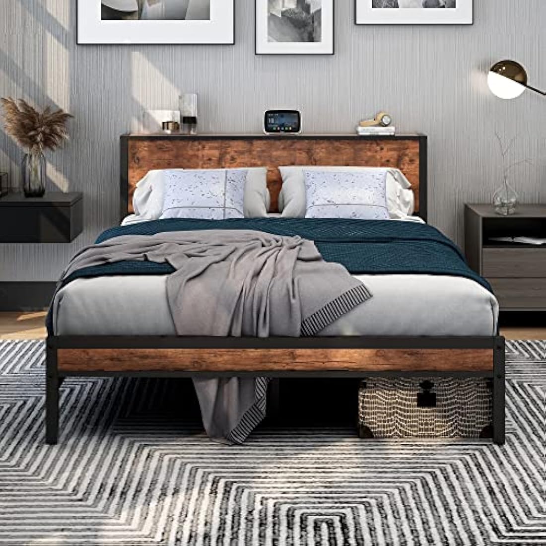 DUMEE King Size Metal Bed Frame with Storage Headboard – Black & Oak