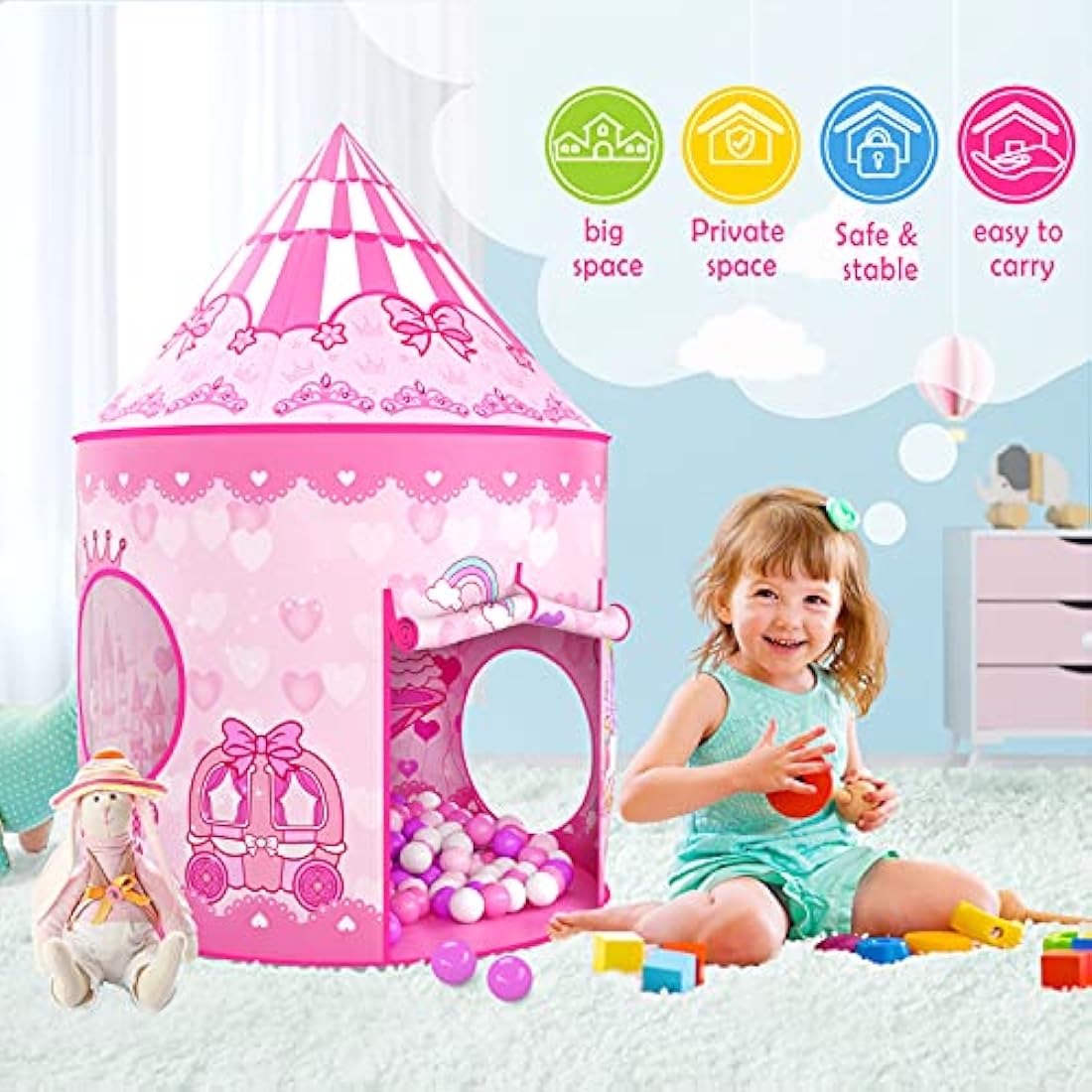 SENODEER 3-in-1 Princess Tent with Ball Pit and Crawl Tunnel for Girls