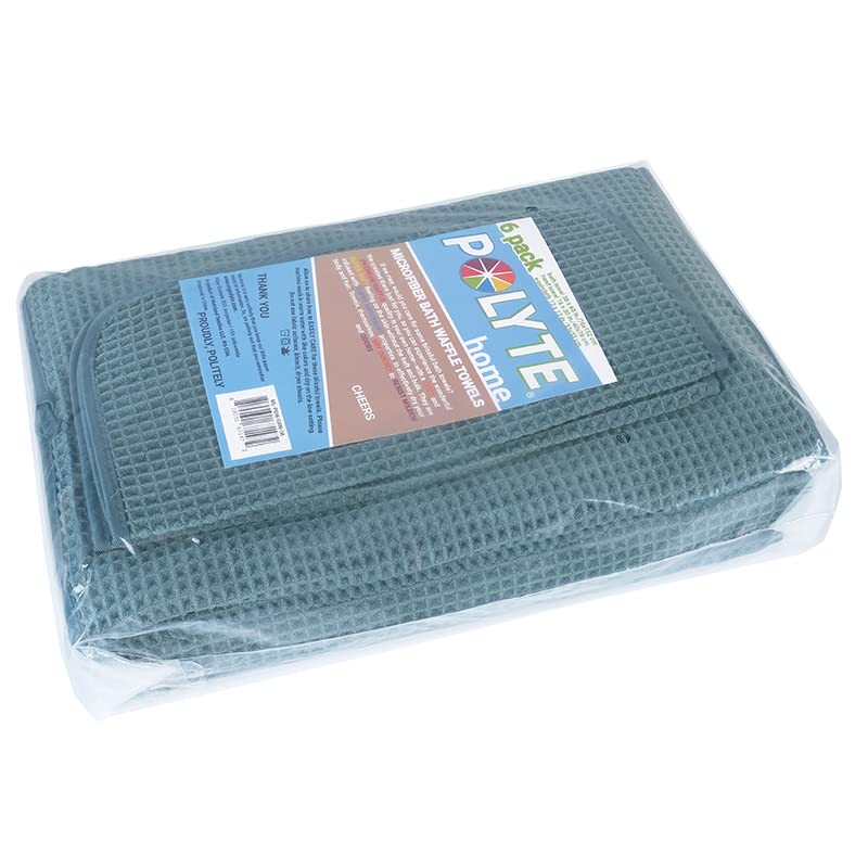 Polyte Microfiber Bath Towel Set - 6 Piece Quick Dry Waffle Weave - Green