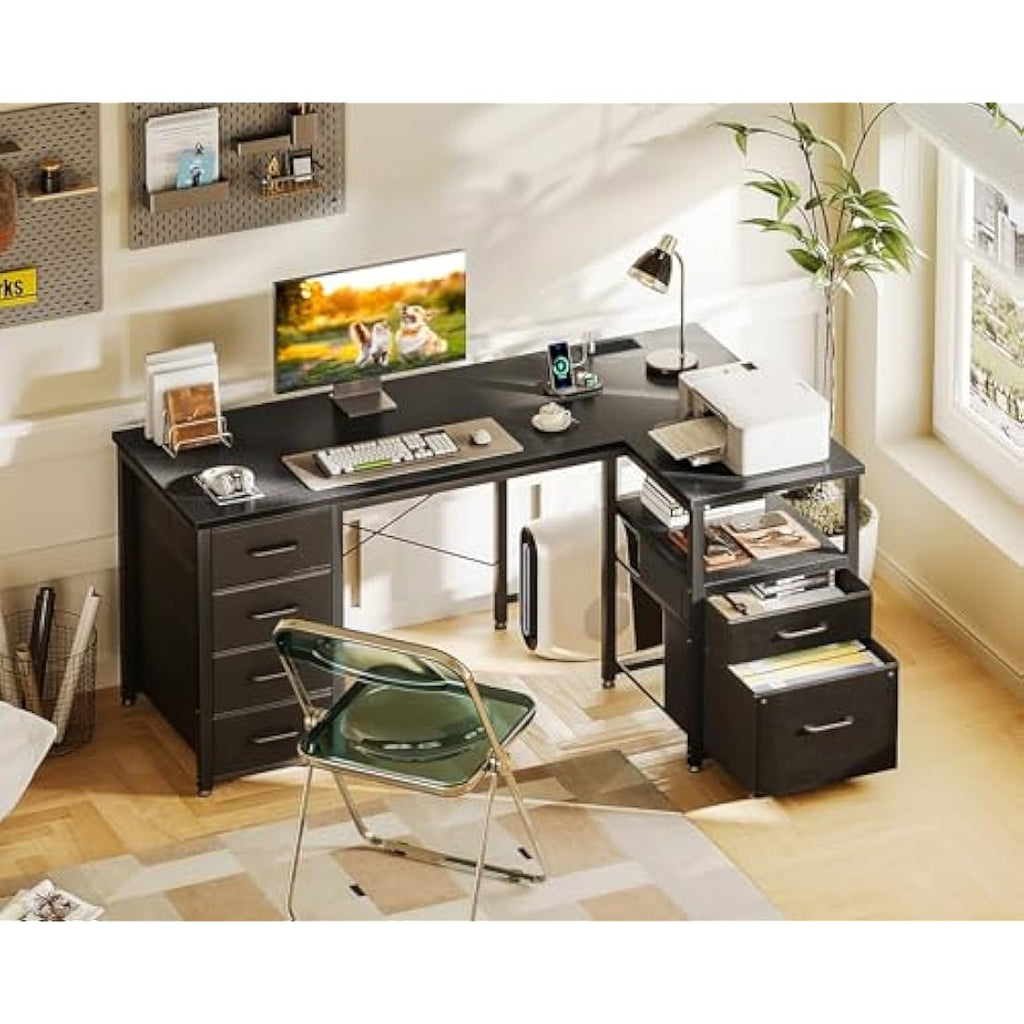Coleshome L-Shaped Computer Desk with Power Outlet and 6 Drawers, Black