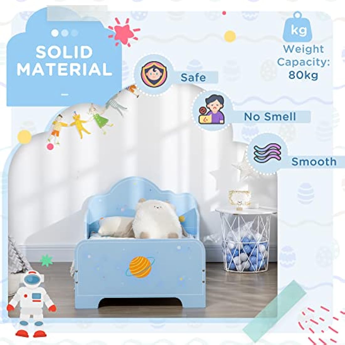 ZONEKIZ Kids Toddler Bed | Space Theme Blue Bed with Safety Rails