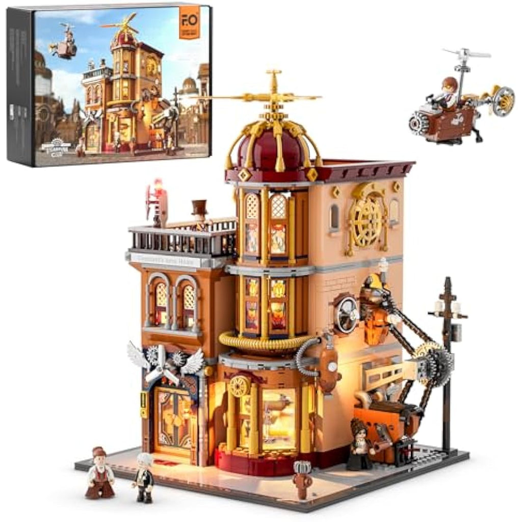 FUNWHOLE Steampunk Flying Club Lighted Building Set - 1858 Piece Kit