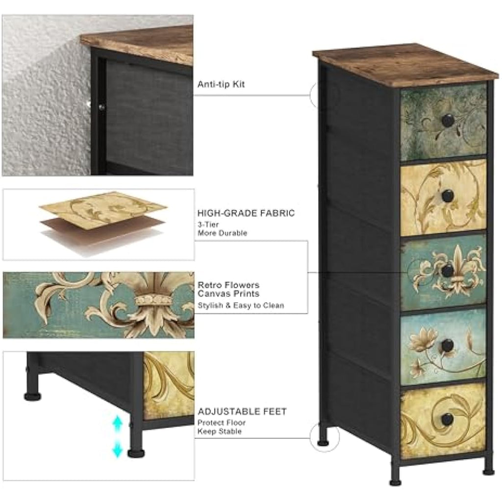 VEDECASA Slim 5-Drawer Storage Tower – Retro Fabric Chest of Drawers