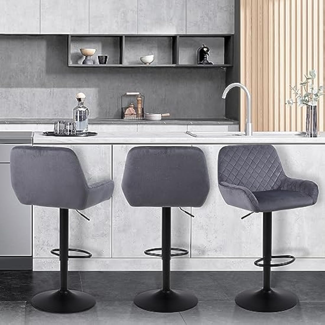Jolof Store Velvet Swivel Bar Stools Set of 2 | Adjustable Grey Chairs
