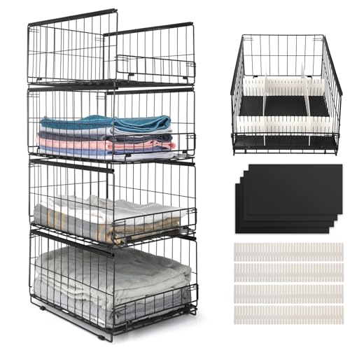 Wuciray Stackable Wardrobe Organiser - 4 Pack Stainless Steel Mesh Baskets