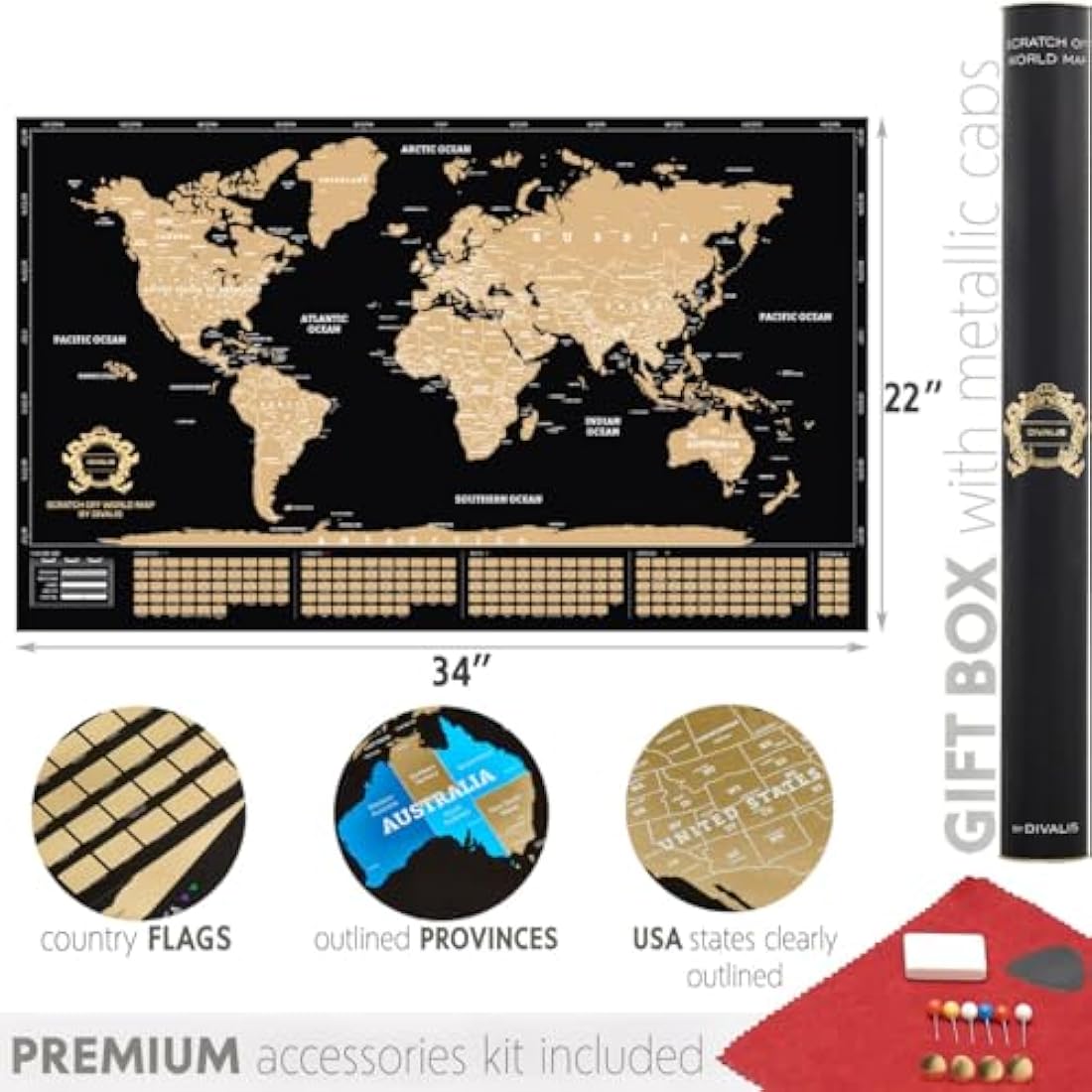 Jolof Store Scratch Off World Map & Top 100 Places Poster Gift Set