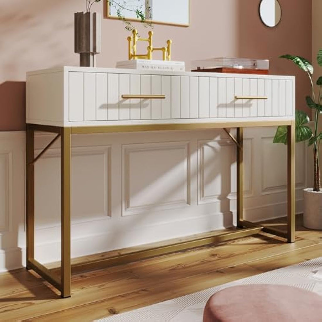 Merax Modern White Wooden Dressing Table with Ribbed Drawers