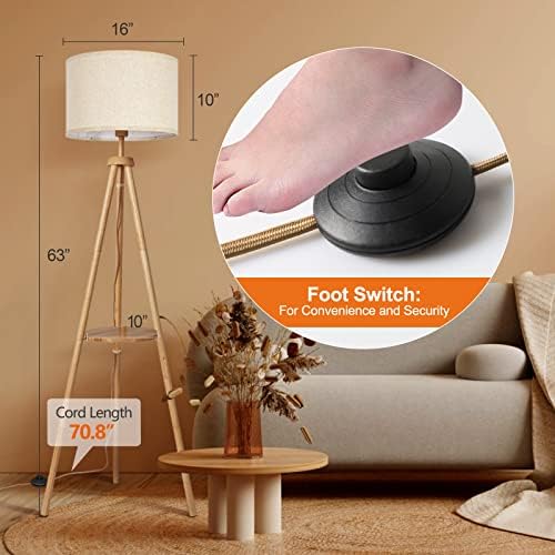 OUTON Tripod Floor Lamp – Dimmable Wood Standing Lamp with Shelf