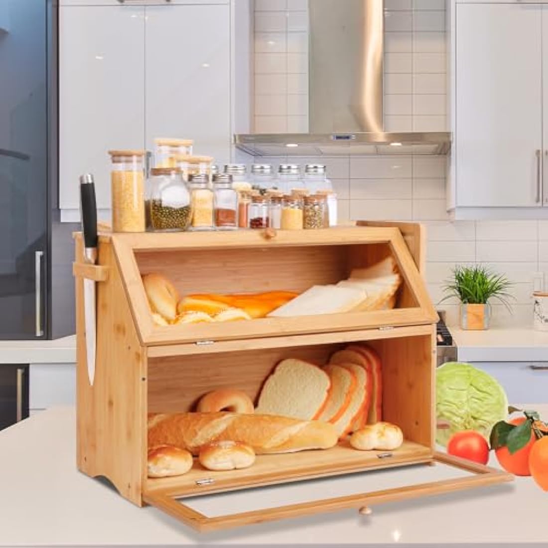 Large 2-Layer Bamboo Bread Box – Farmhouse Kitchen Bread Bin