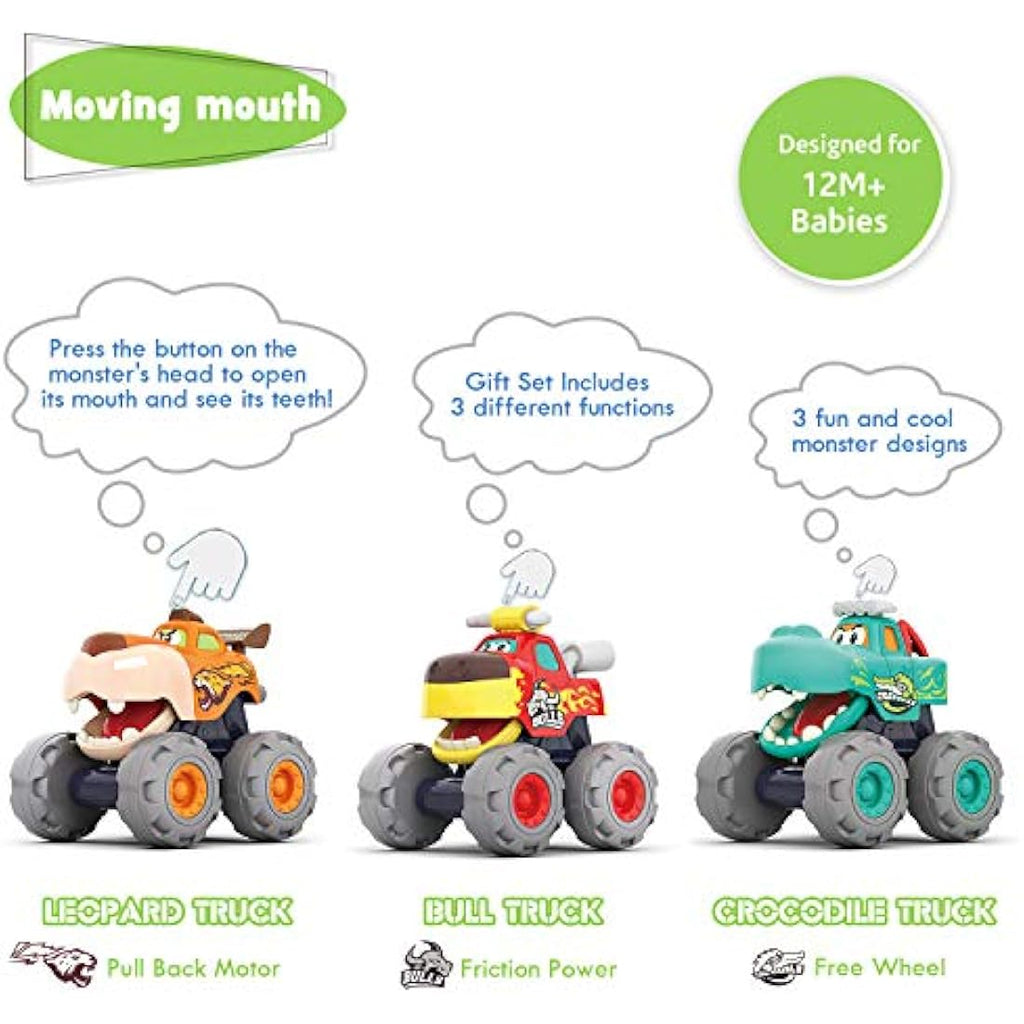 MOONTOY Monster Truck Toy Set - 3-Piece Friction Pull Back Cars for Toddlers