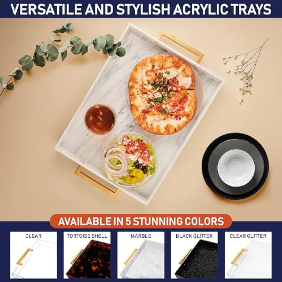 Marble Acrylic Serving Tray with Gold Handles - 16" x 12"