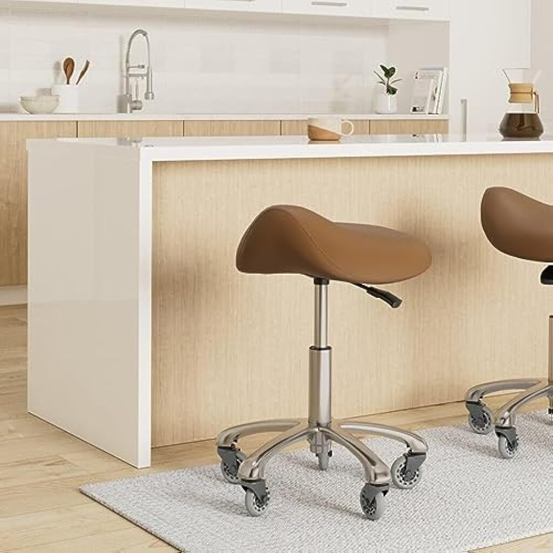 Jolof Store Ergonomic Saddle Stool – Adjustable Rolling Chair (Camel)
