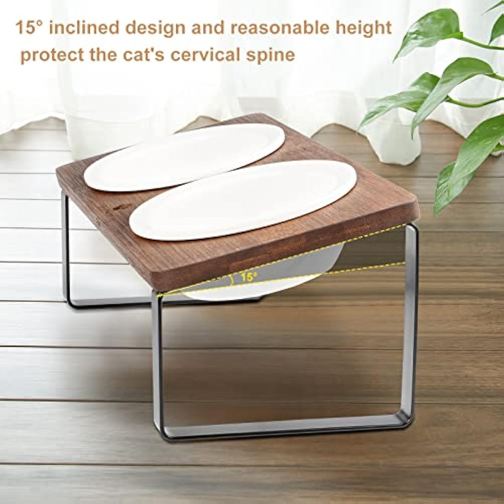 GUUSII HOME Elevated Cat Bowl – Tilted Ceramic Dishes with Bamboo Stand