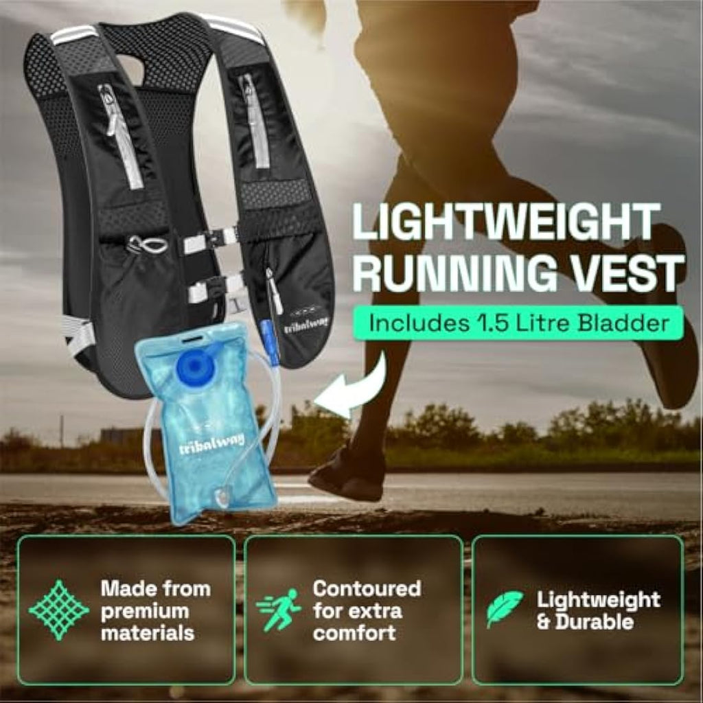 Tribalway Running Hydration Vest with 1.5L Water Bladder – Black