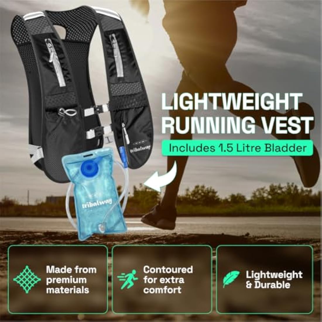 Tribalway Running Hydration Vest with 1.5L Water Bladder – Black