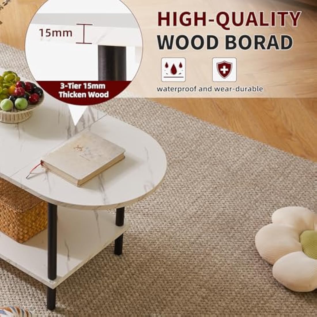 Aibiju Oval Coffee Table | 2-Tier Storage with Wooden Legs, White Marble