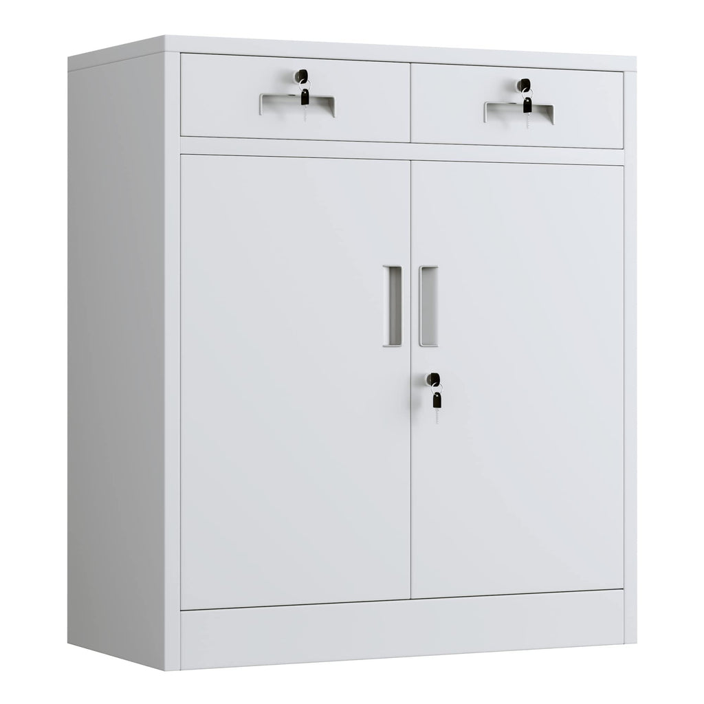 JINGUR Metal Storage Cupboard with Locking Doors and 2 Drawers White