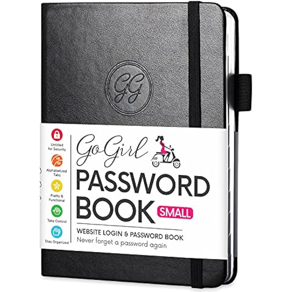 GoGirl Password Book with Alphabetical Tabs – Small Black Logbook