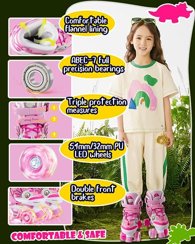 WESKIFAN Kids Dinosaur Roller Skates | Adjustable Quad Shoes with Light Up Wheels