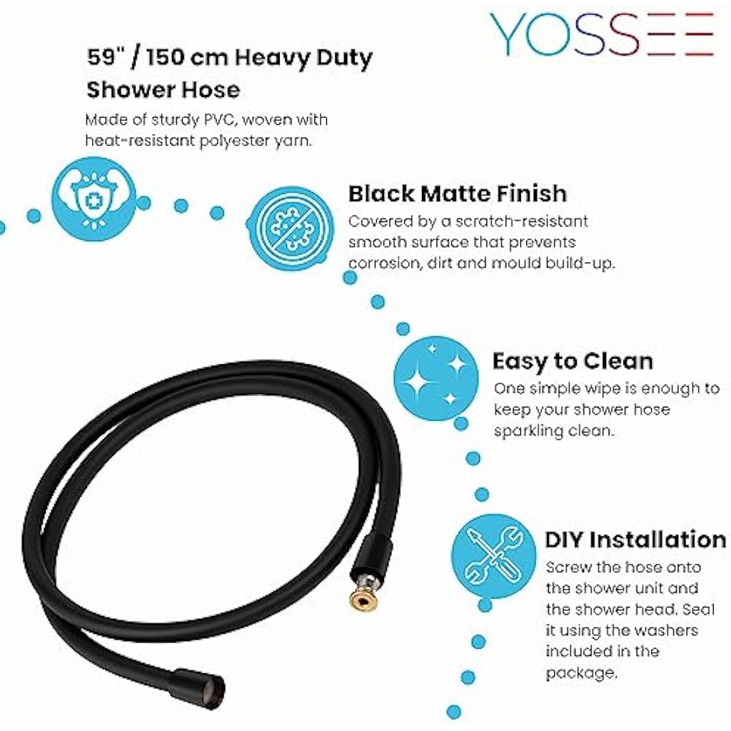 YOSSEE 1.5M PVC Shower Hose | Matt Black Anti-Twist Flexible Replacement