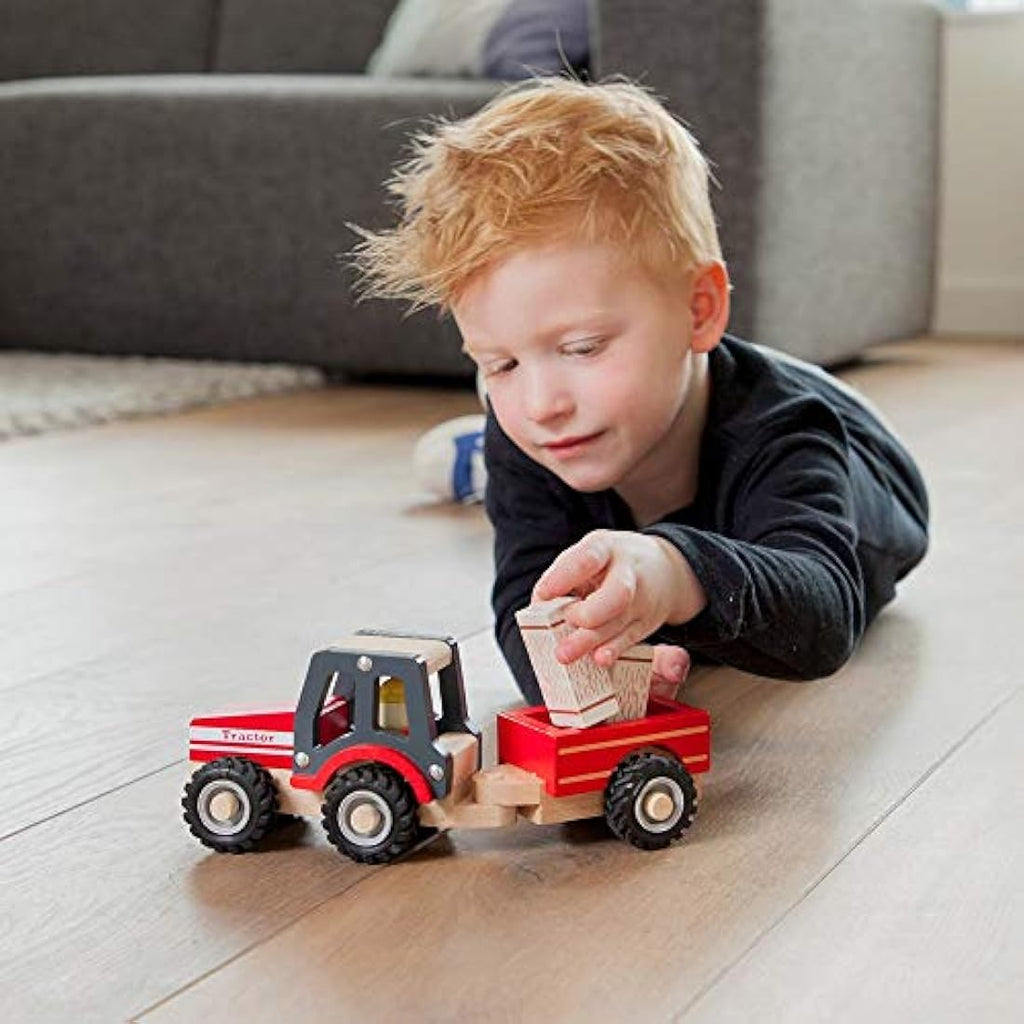 New Classic Toys Wooden Tractor with Hay Stacks - Red Toddler Toy