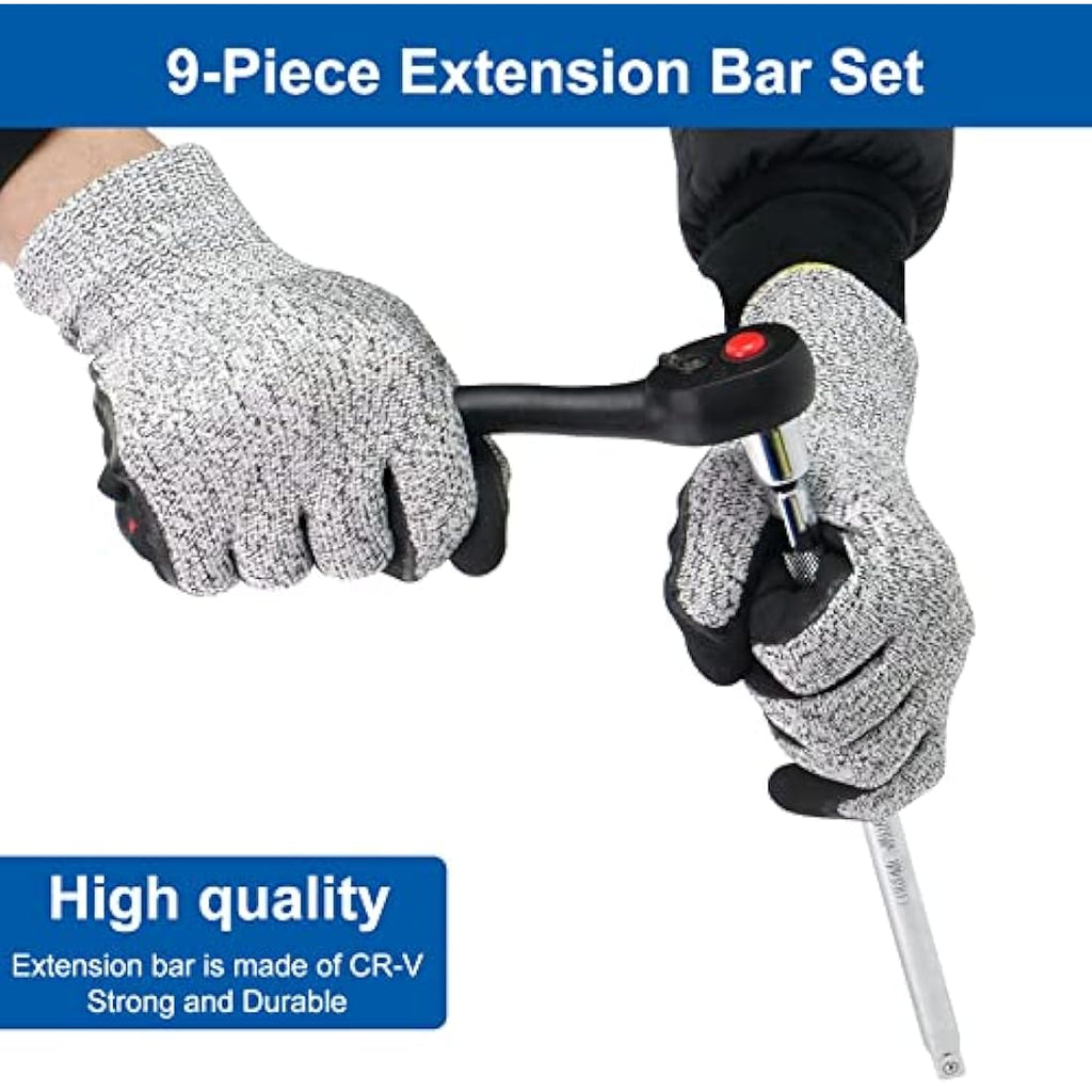 DAKCOS 9-Piece Socket Extension Bar Set | 1/4" 3/8" 1/2" Drive CR-V Steel